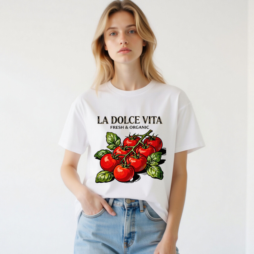 LA DOLCE VITA Organic Cotton T-Shirt | Fresh & Organic Tomato Design - Image 2