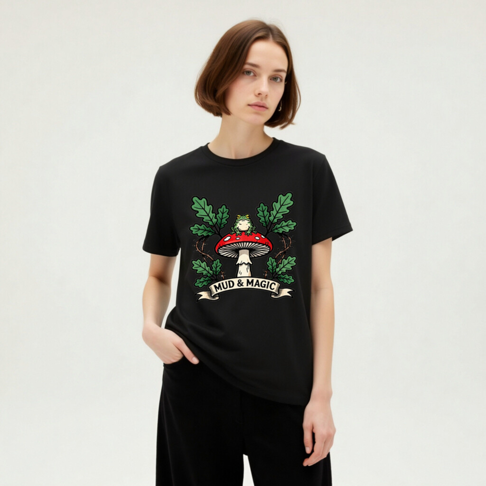 Unisex Organic Cotton T-Shirt - Mud & Magic Frog on Red Mushroom Design - Image 4
