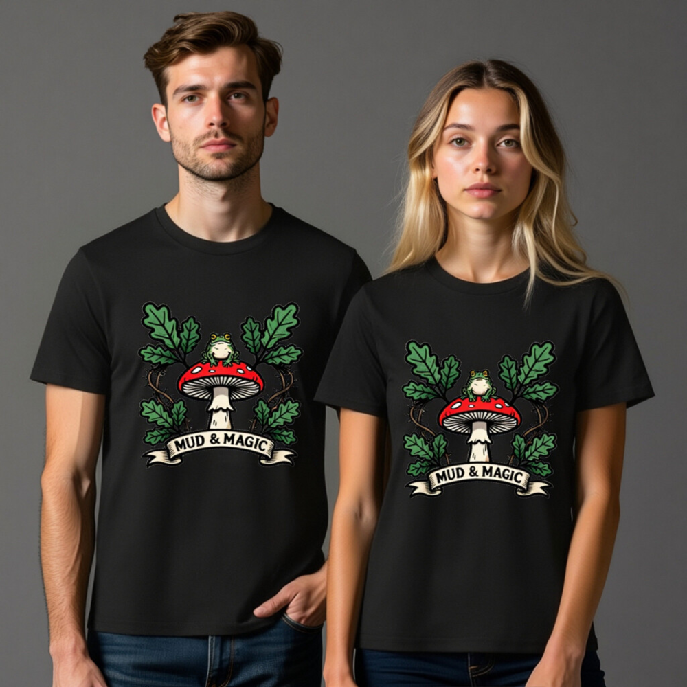 Unisex Organic Cotton T-Shirt - Mud & Magic Frog on Red Mushroom Design - Image 7