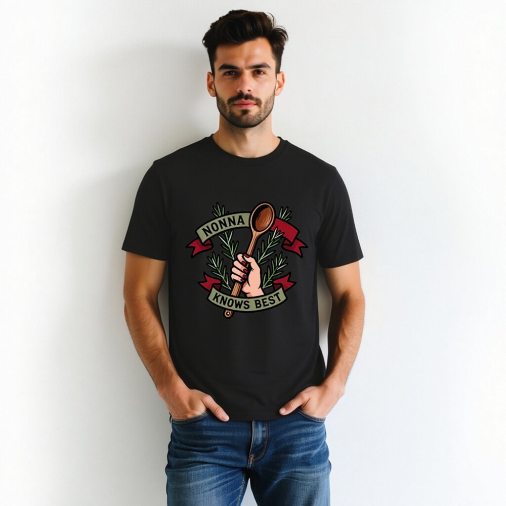 Nonna Knows Best Unisex Organic Cotton T-Shirt - Rosemary & Wooden Spoon Design - Image 2