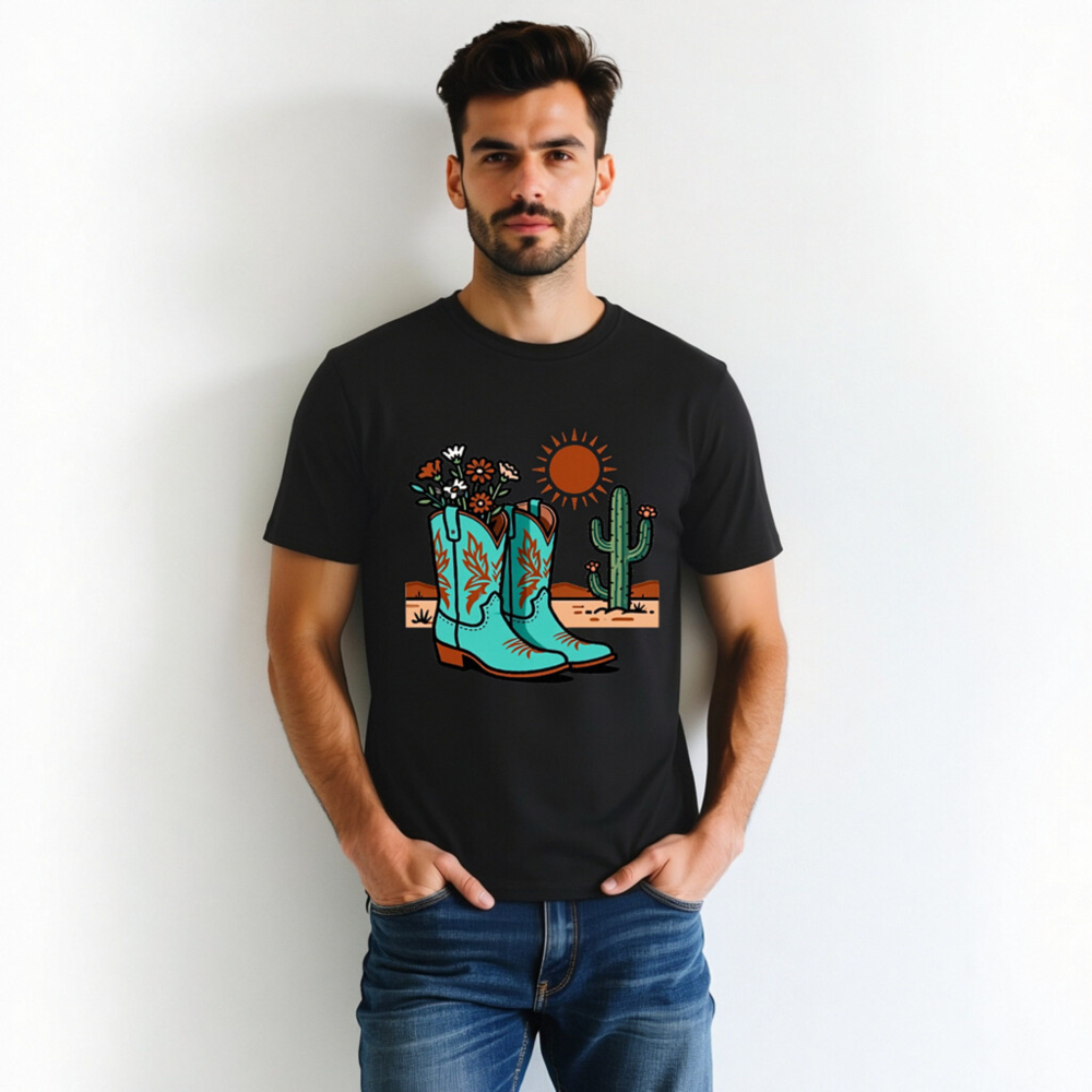 Unisex Organic Cotton T-Shirt | Blue Cowboy Boots & Cactus Desert Design - Image 2