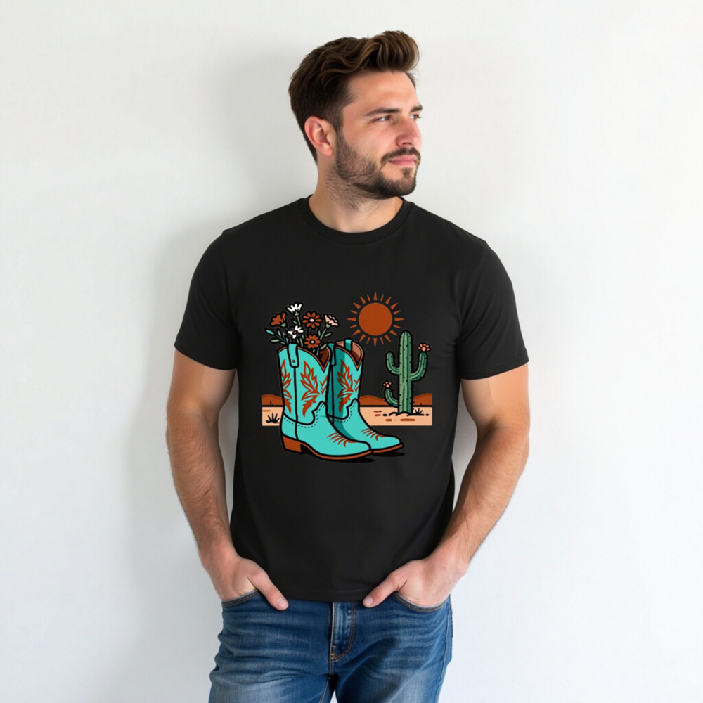 Unisex Organic Cotton T-Shirt | Blue Cowboy Boots & Cactus Desert Design - Image 3