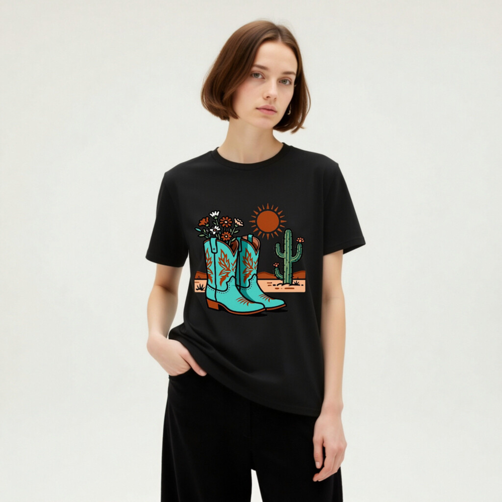 Unisex Organic Cotton T-Shirt | Blue Cowboy Boots & Cactus Desert Design - Image 4