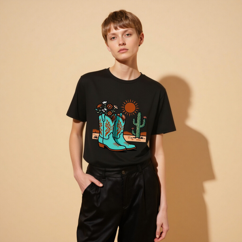 Unisex Organic Cotton T-Shirt | Blue Cowboy Boots & Cactus Desert Design - Image 5