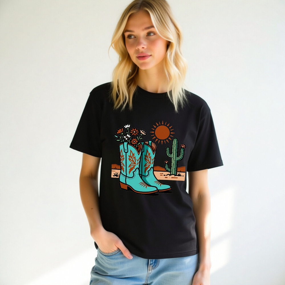 Unisex Organic Cotton T-Shirt | Blue Cowboy Boots & Cactus Desert Design - Image 6