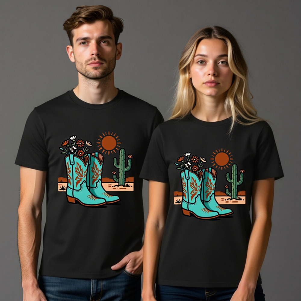 Unisex Organic Cotton T-Shirt | Blue Cowboy Boots & Cactus Desert Design - Image 7