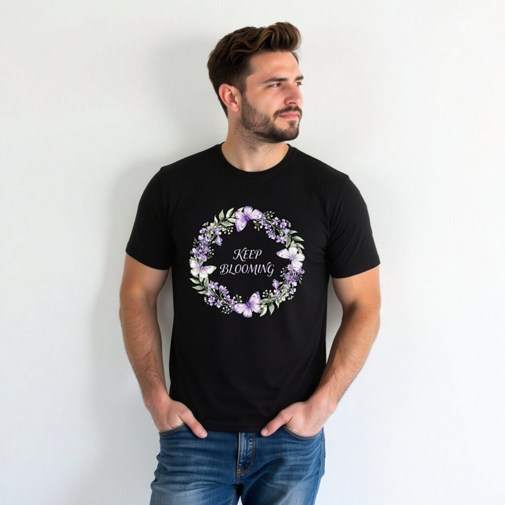 Unisex Staple T-Shirt | Keep Blooming Purple Flower & Butterfly Wreath Design - Image 2
