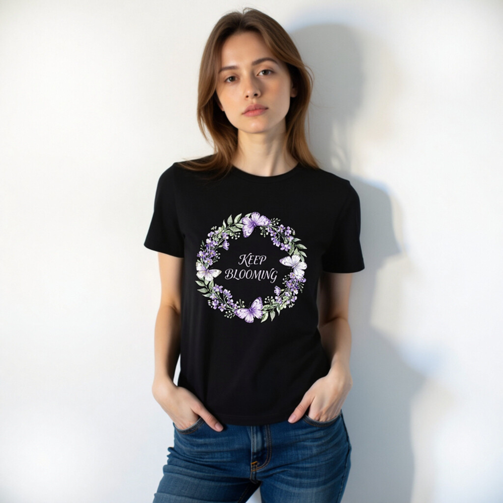 Unisex Staple T-Shirt | Keep Blooming Purple Flower & Butterfly Wreath Design - Image 3