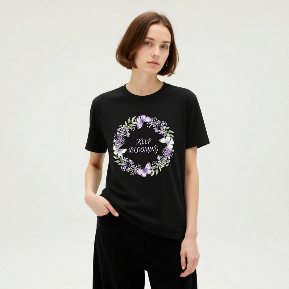 Unisex Staple T-Shirt | Keep Blooming Purple Flower & Butterfly Wreath Design - Image 4