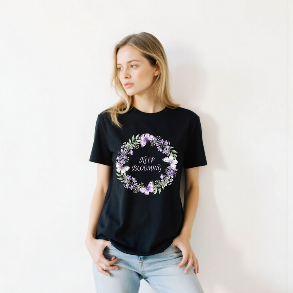 Unisex Staple T-Shirt | Keep Blooming Purple Flower & Butterfly Wreath Design - Image 5