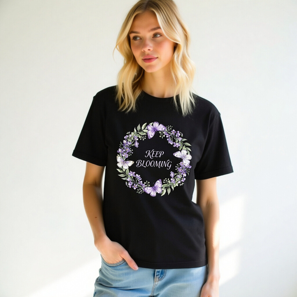Unisex Staple T-Shirt | Keep Blooming Purple Flower & Butterfly Wreath Design - Image 6