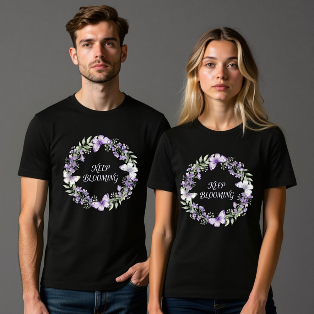 Unisex Staple T-Shirt | Keep Blooming Purple Flower & Butterfly Wreath Design - Image 7