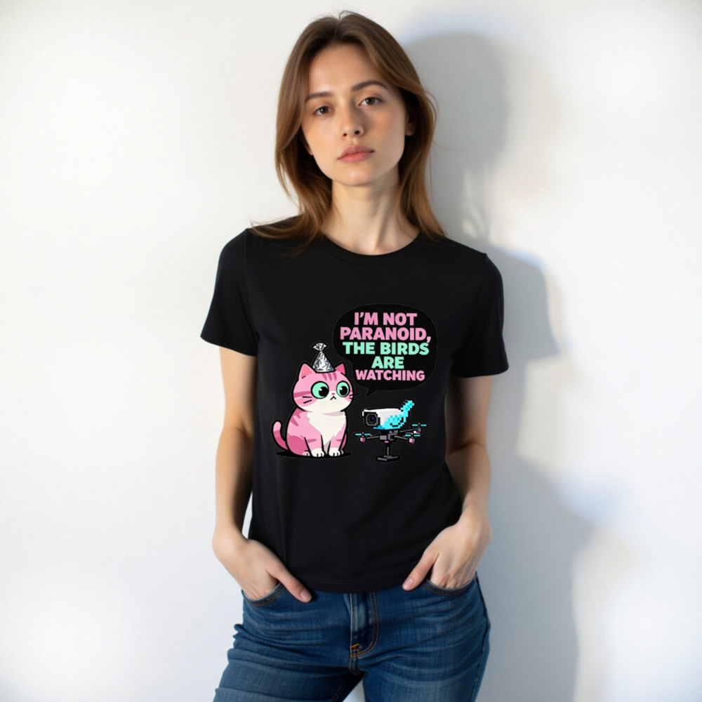 Unisex Staple T-Shirt: 'I'm Not Paranoid, The Birds Are Watching' Cat & Drone Graphic Tee - Image 3