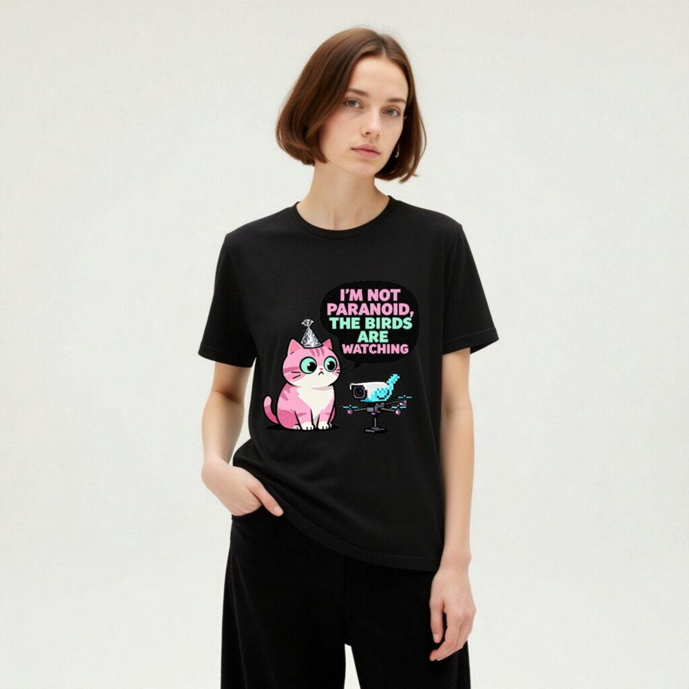 Unisex Staple T-Shirt: 'I'm Not Paranoid, The Birds Are Watching' Cat & Drone Graphic Tee - Image 4