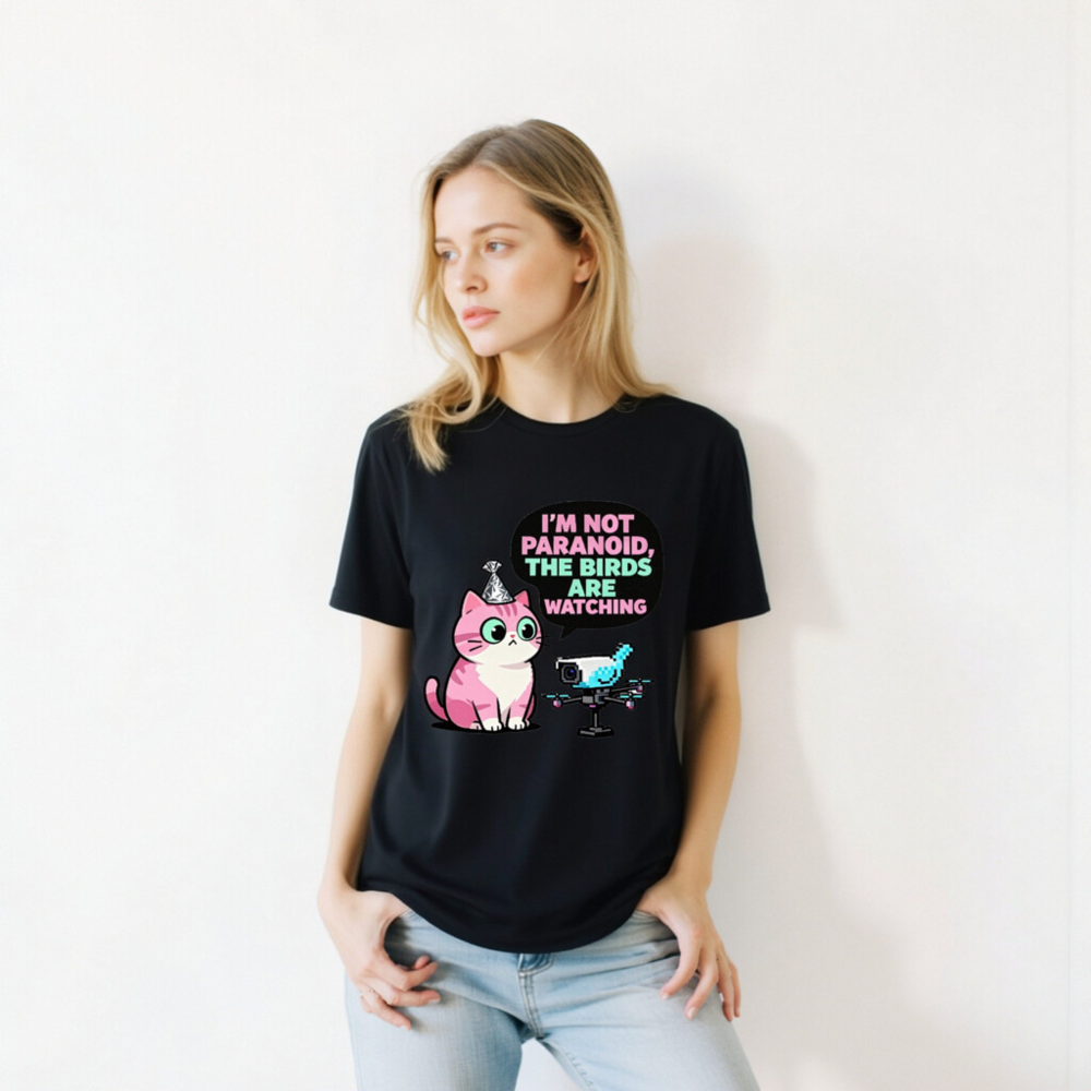 Unisex Staple T-Shirt: 'I'm Not Paranoid, The Birds Are Watching' Cat & Drone Graphic Tee - Image 5