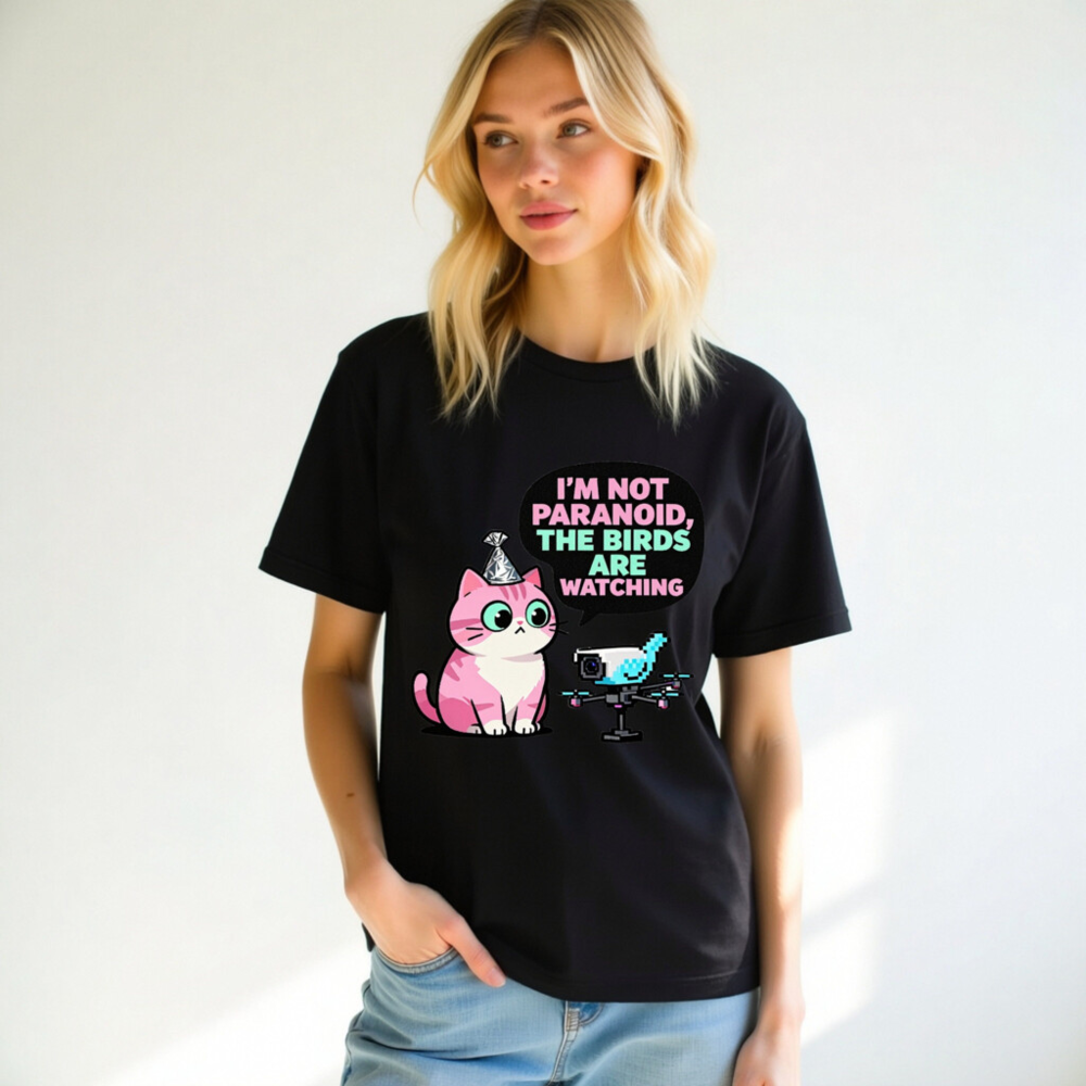 Unisex Staple T-Shirt: 'I'm Not Paranoid, The Birds Are Watching' Cat & Drone Graphic Tee - Image 6