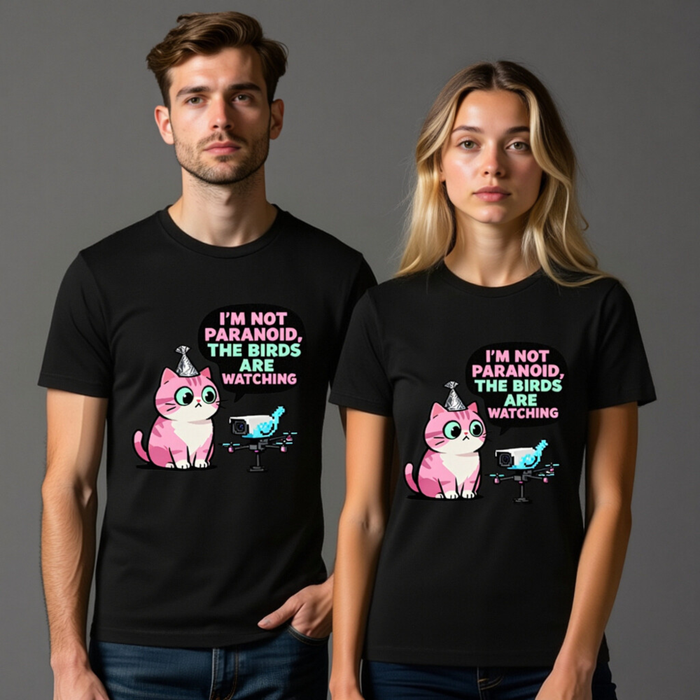 Unisex Staple T-Shirt: 'I'm Not Paranoid, The Birds Are Watching' Cat & Drone Graphic Tee - Image 7