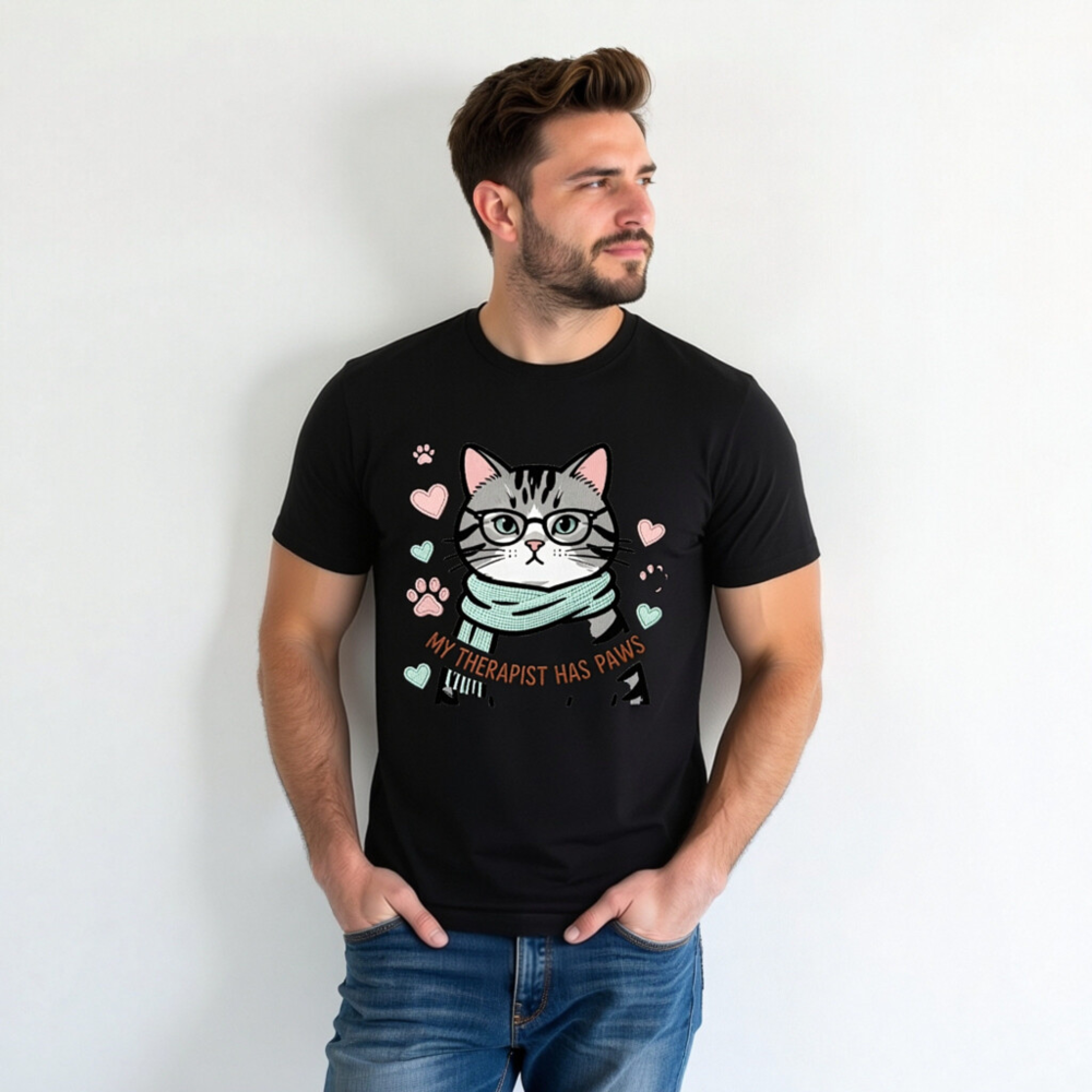 Unisex T-Shirt: My Therapist Has Paws Cat with Glasses & Scarf - Soft Comfort Fit - Image 2