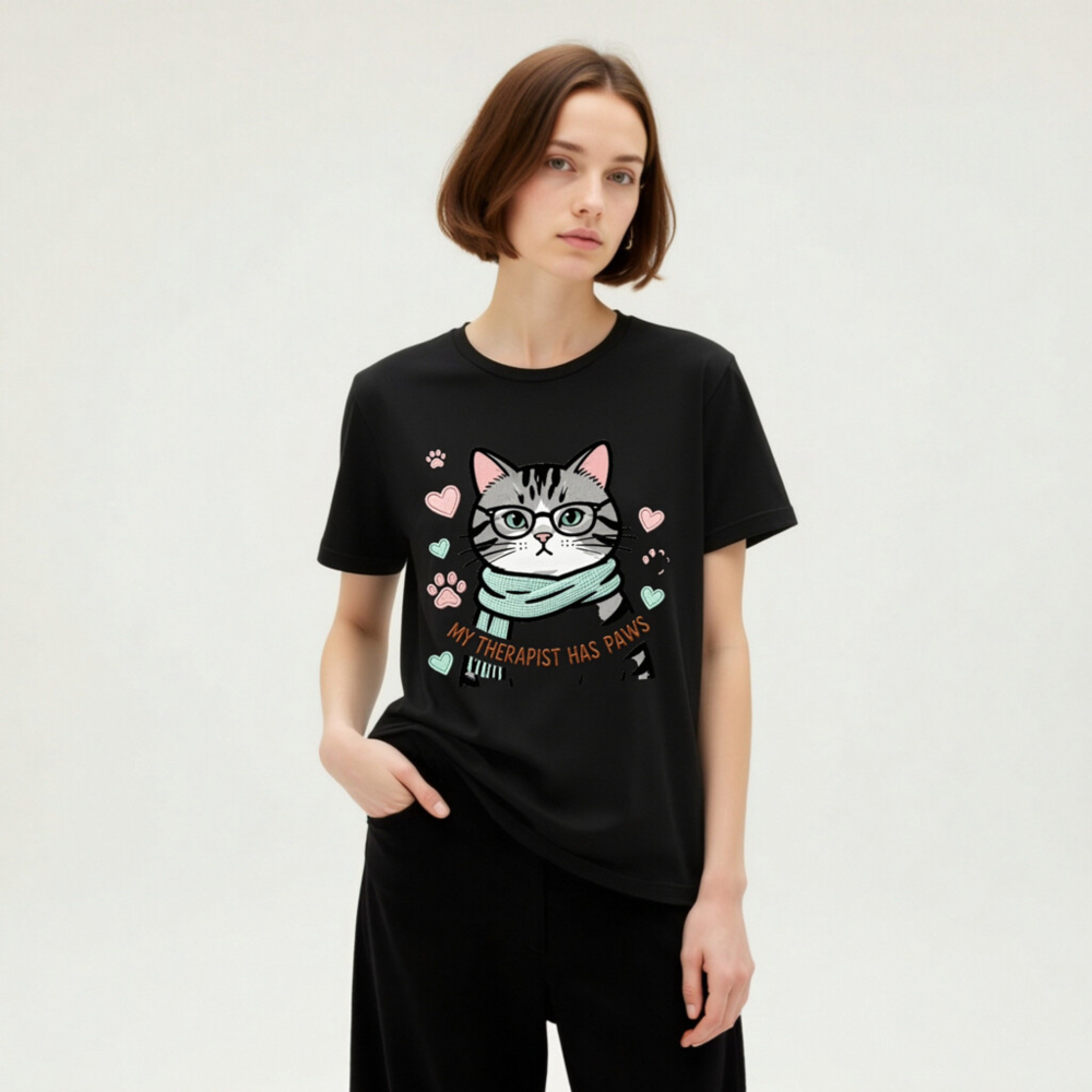 Unisex T-Shirt: My Therapist Has Paws Cat with Glasses & Scarf - Soft Comfort Fit - Image 4