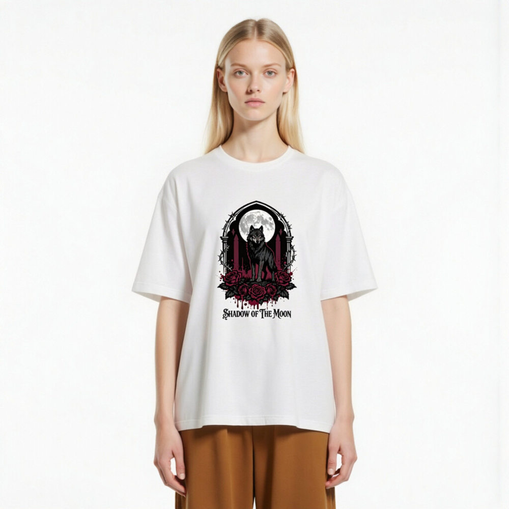Shadow of the Moon Unisex T-Shirt | Gothic Wolf & Roses Design - Image 2