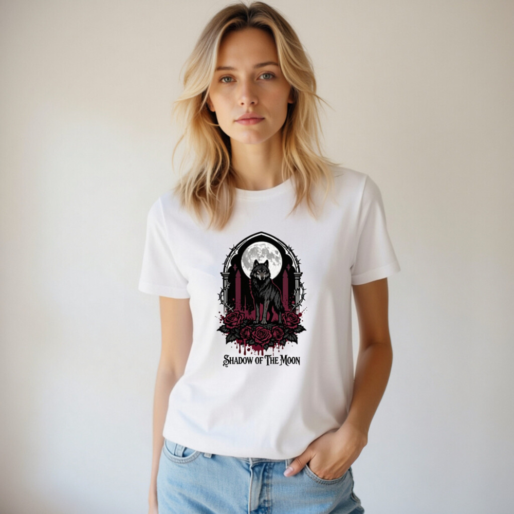 Shadow of the Moon Unisex T-Shirt | Gothic Wolf & Roses Design - Image 4