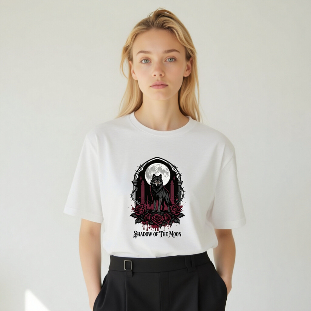 Shadow of the Moon Unisex T-Shirt | Gothic Wolf & Roses Design - Image 5