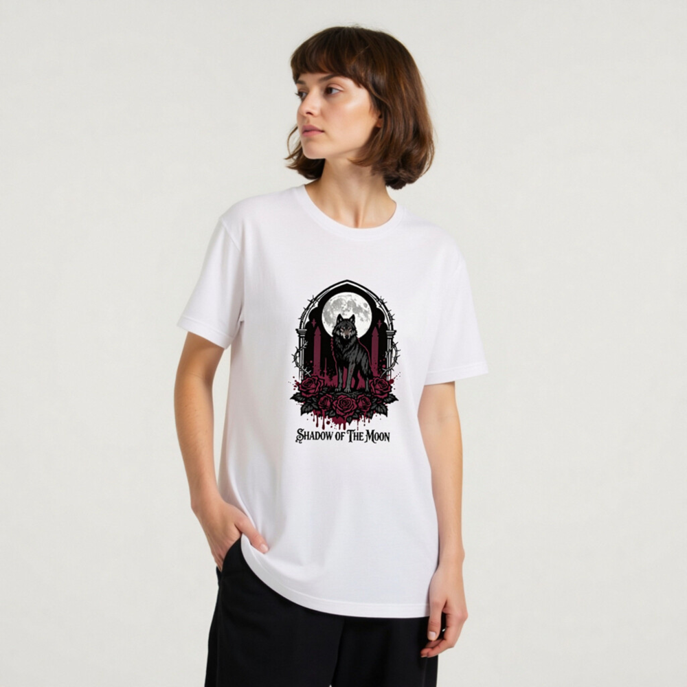 Shadow of the Moon Unisex T-Shirt | Gothic Wolf & Roses Design - Image 6
