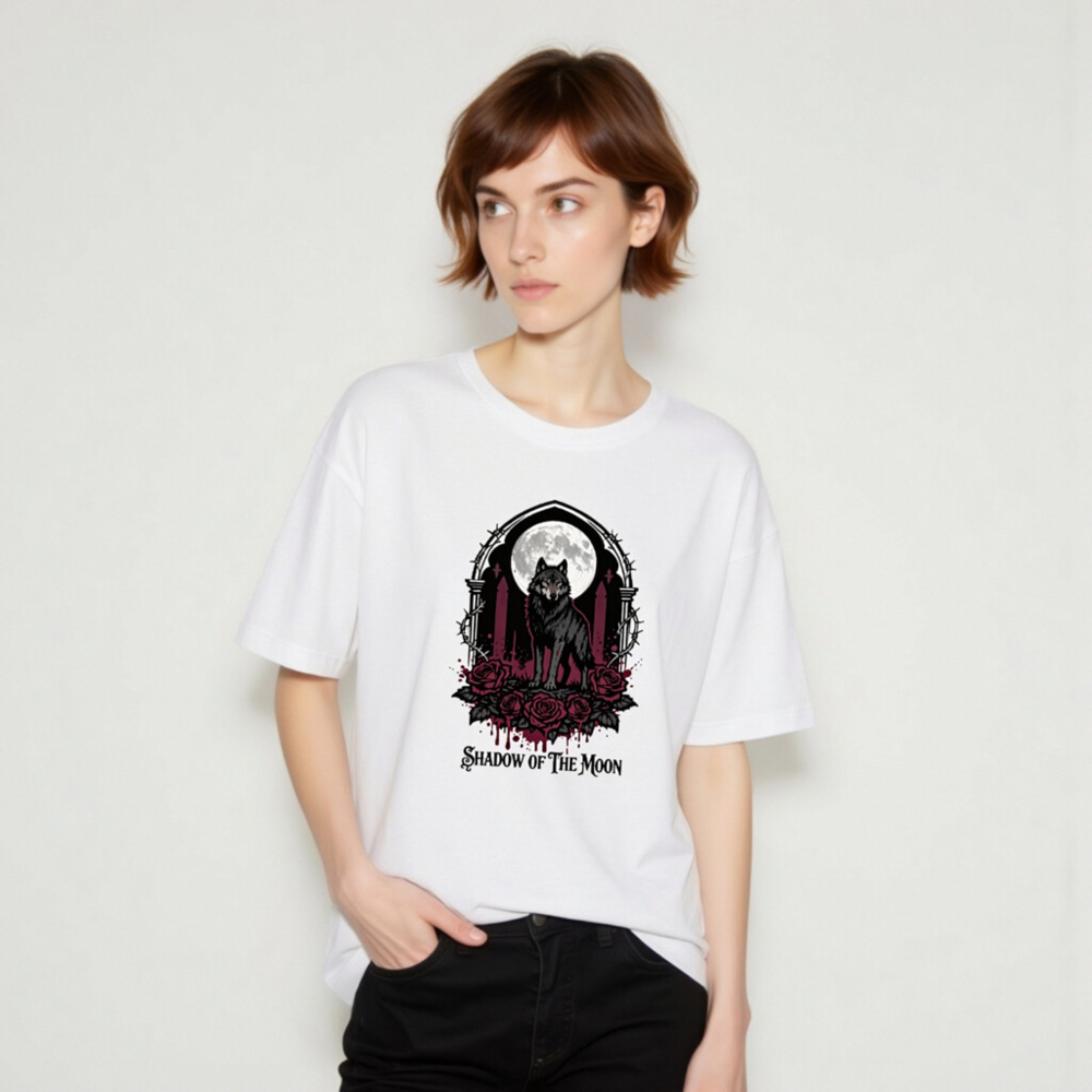Shadow of the Moon Unisex T-Shirt | Gothic Wolf & Roses Design - Image 7
