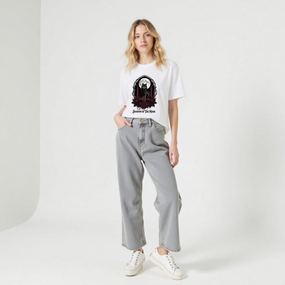 Shadow of the Moon Unisex T-Shirt | Gothic Wolf & Roses Design - Image 8