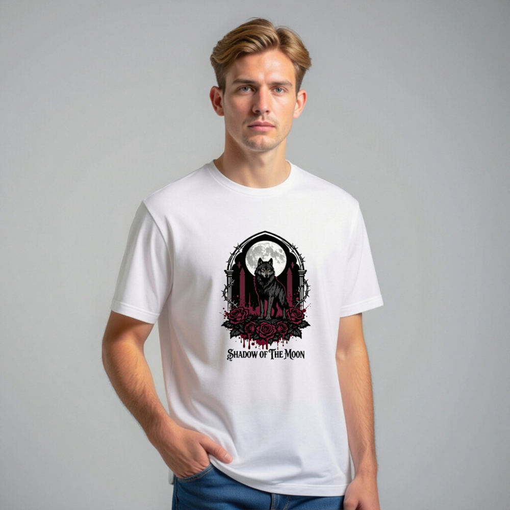 Shadow of the Moon Unisex T-Shirt | Gothic Wolf & Roses Design - Image 9