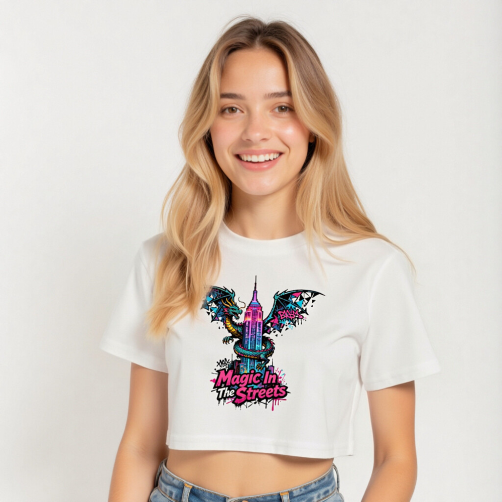 Women's Crop Top - Magic In The Streets Dragon & NYC Skyline Graphic Tee - Image 4