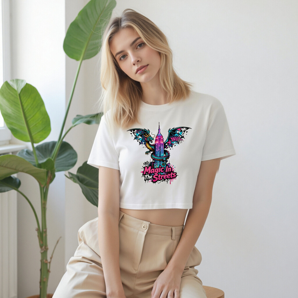 Women's Crop Top - Magic In The Streets Dragon & NYC Skyline Graphic Tee - Image 8