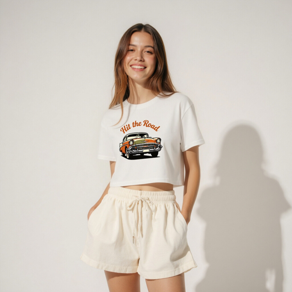 Women's Orange & White Classic Car Crop Top - Hit the Road Vintage Tee - Image 3