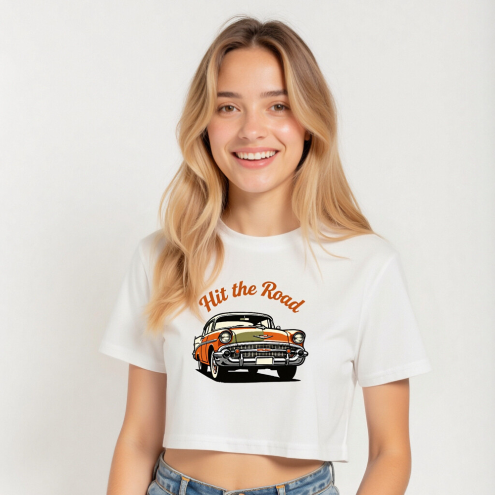 Women's Orange & White Classic Car Crop Top - Hit the Road Vintage Tee - Image 4