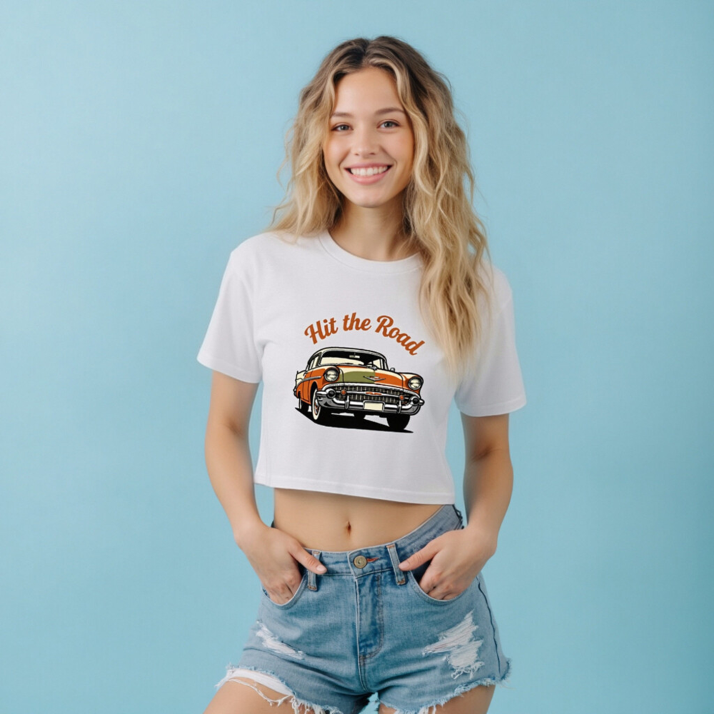 Women's Orange & White Classic Car Crop Top - Hit the Road Vintage Tee - Image 6