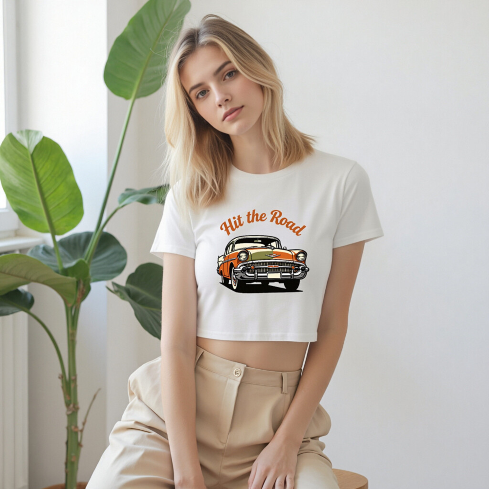 Women's Orange & White Classic Car Crop Top - Hit the Road Vintage Tee - Image 8