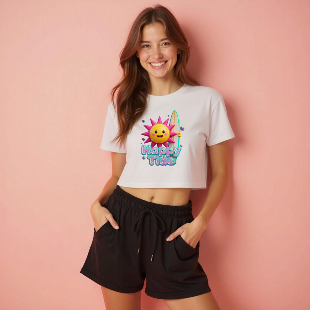 Women's Crop Top - Happy Tide Sun Surf Graphic Tee, Short Sleeve Casual Shirt - Image 2