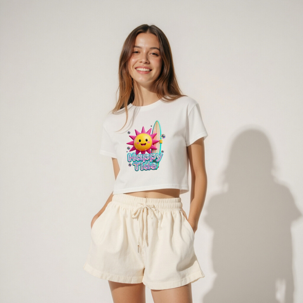 Women's Crop Top - Happy Tide Sun Surf Graphic Tee, Short Sleeve Casual Shirt - Image 3