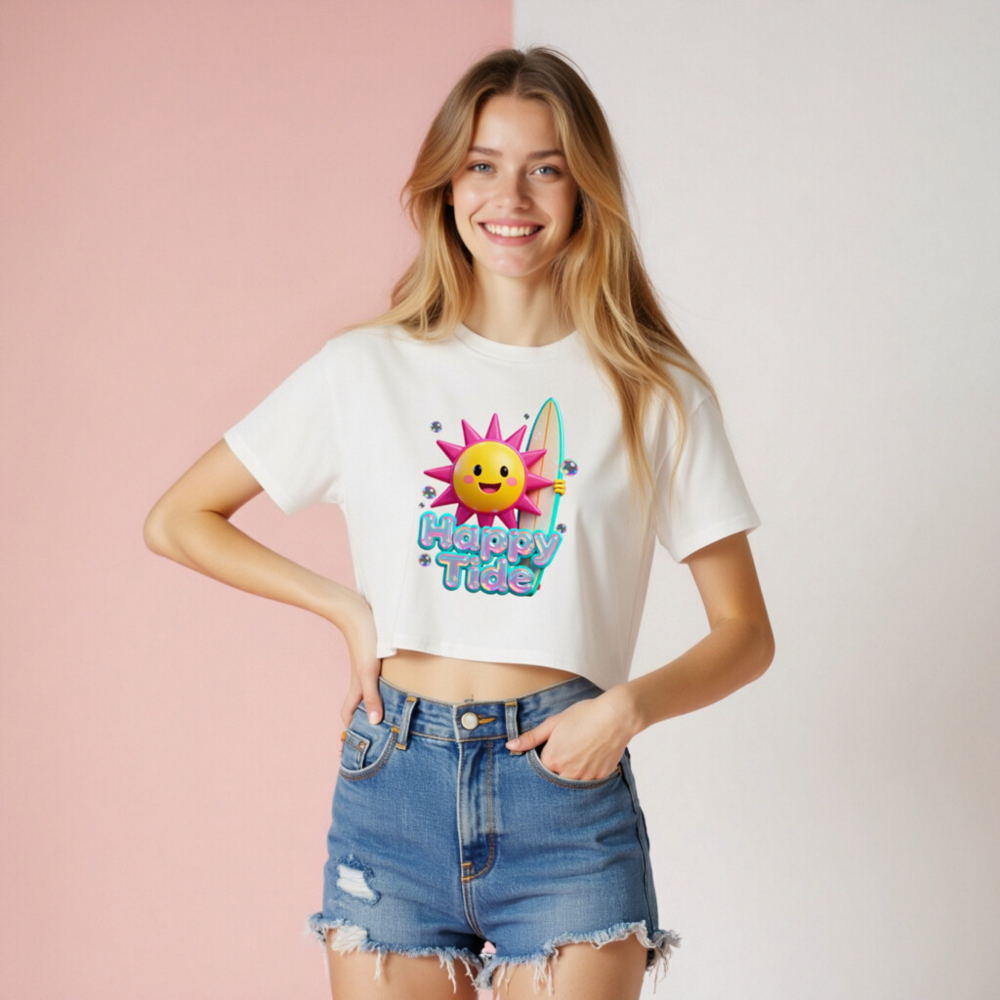 Women's Crop Top - Happy Tide Sun Surf Graphic Tee, Short Sleeve Casual Shirt - Image 7