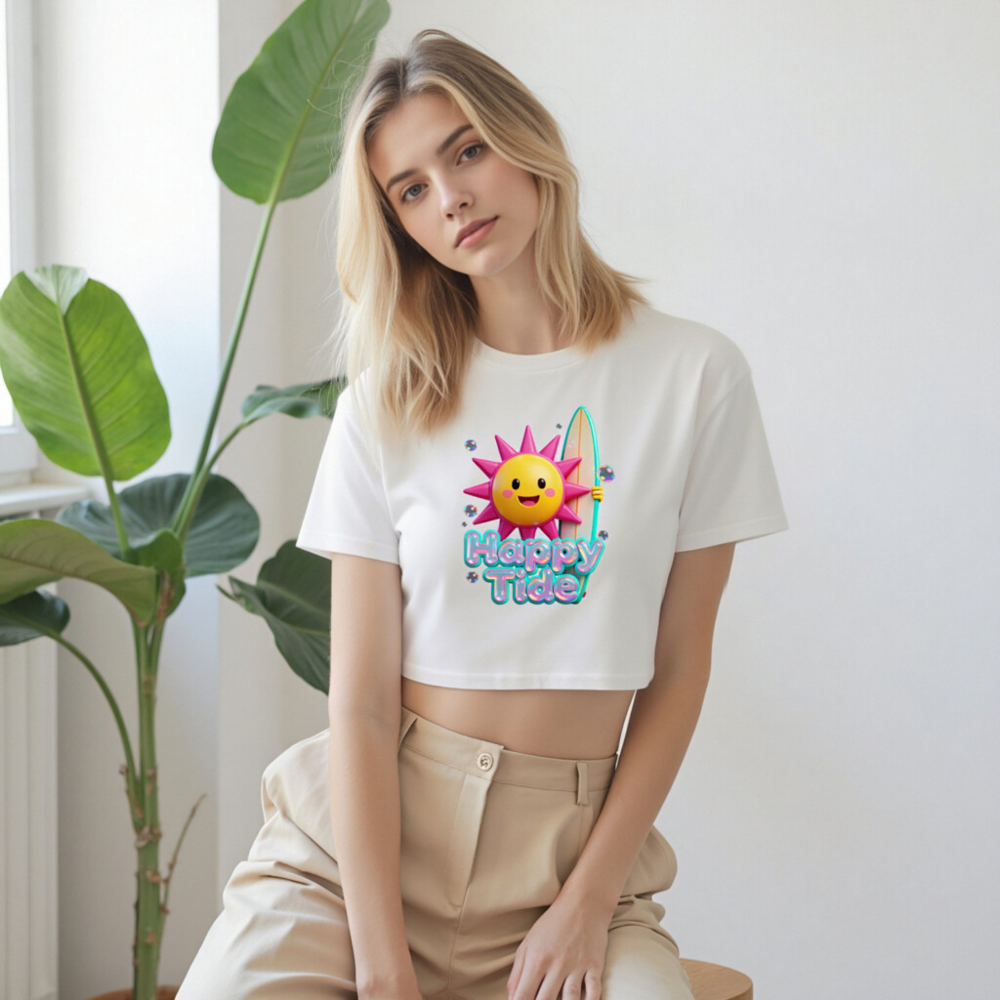 Women's Crop Top - Happy Tide Sun Surf Graphic Tee, Short Sleeve Casual Shirt - Image 8