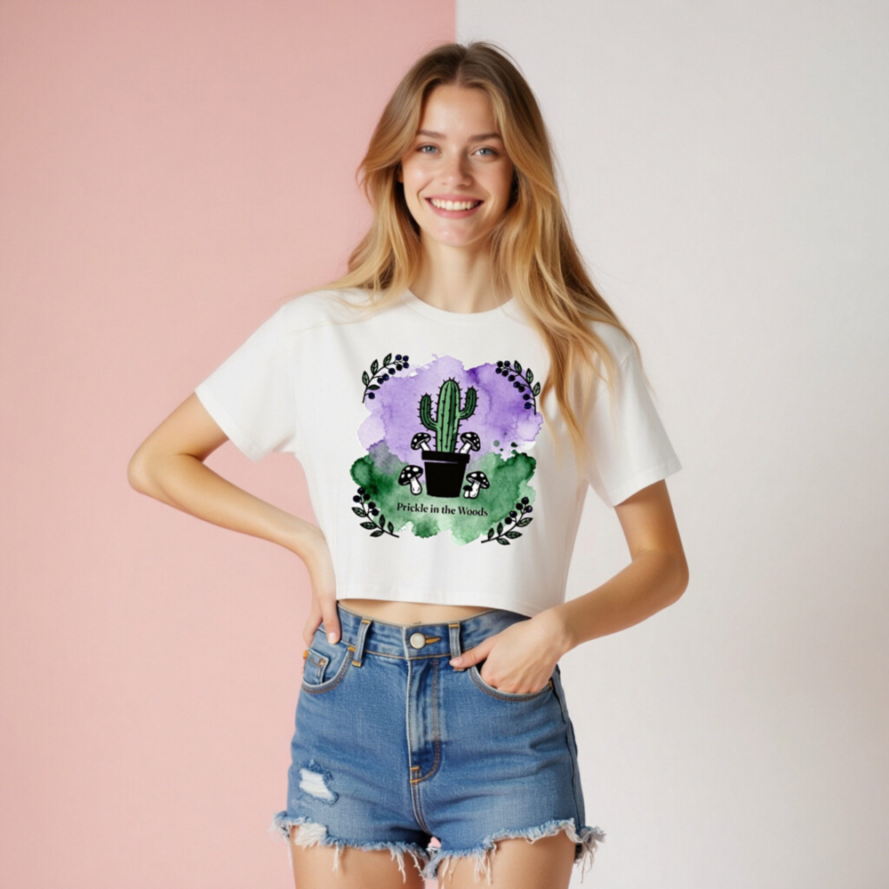 Women's Crop Top - Prickle in the Woods Cactus & Mushrooms Design - Image 7