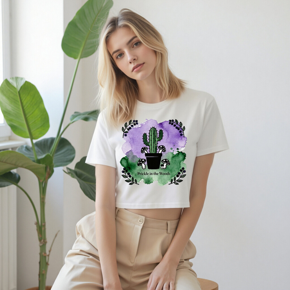 Women's Crop Top - Prickle in the Woods Cactus & Mushrooms Design - Image 8