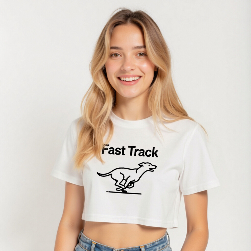 Women's Fast Track Crop Top - Slim Fit, Short Sleeve, Black Dog Running Graphic - Image 4