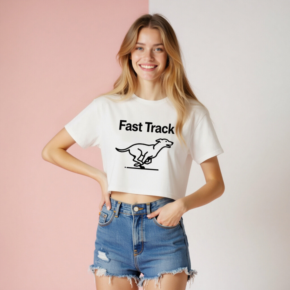 Women's Fast Track Crop Top - Slim Fit, Short Sleeve, Black Dog Running Graphic - Image 7