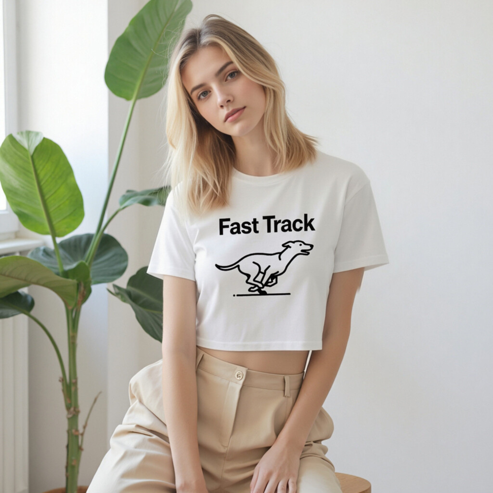 Women's Fast Track Crop Top - Slim Fit, Short Sleeve, Black Dog Running Graphic - Image 8