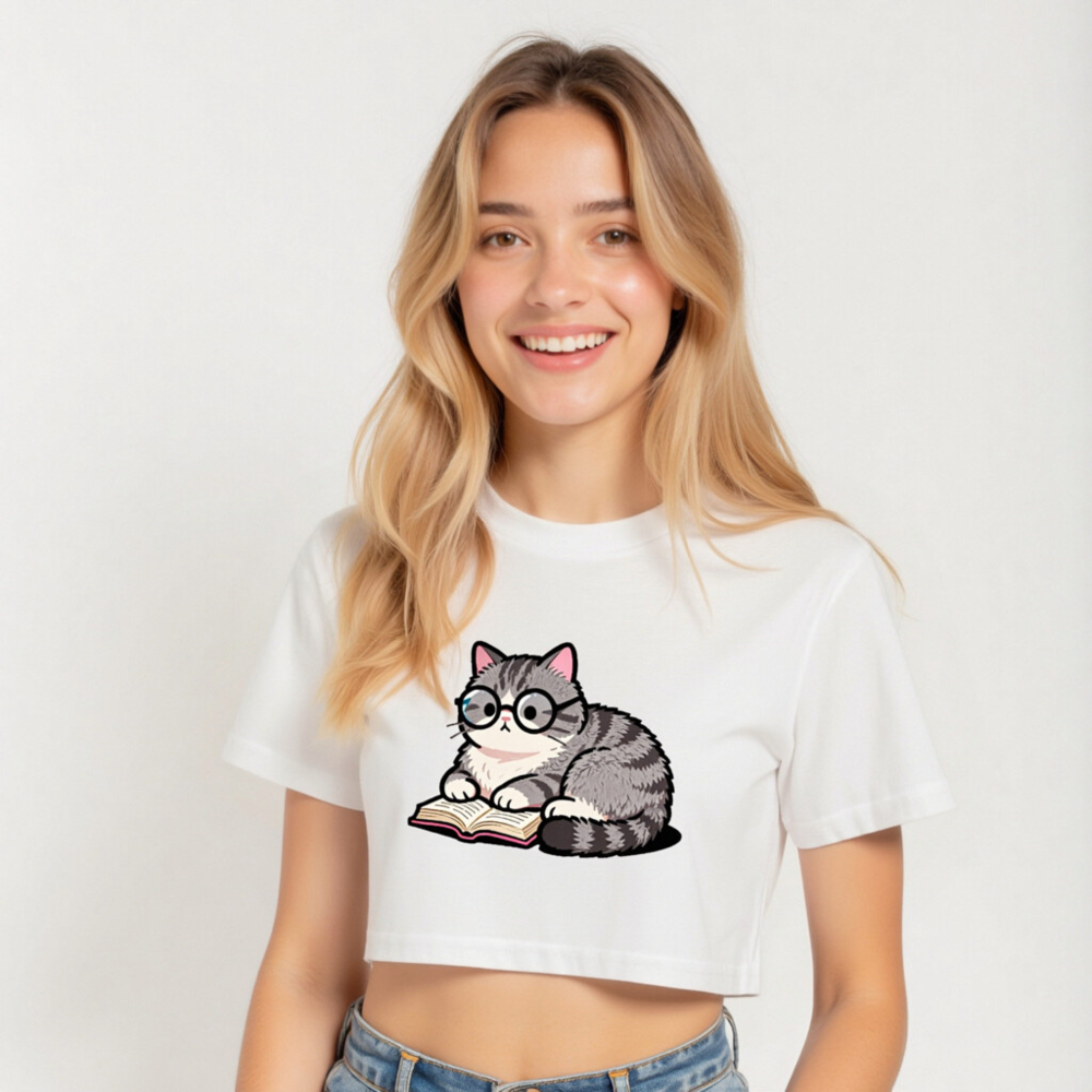 Women's Crop Top with Cute Grey Tabby Cat Reading Book Design - Short Sleeve T-Shirt - Image 4