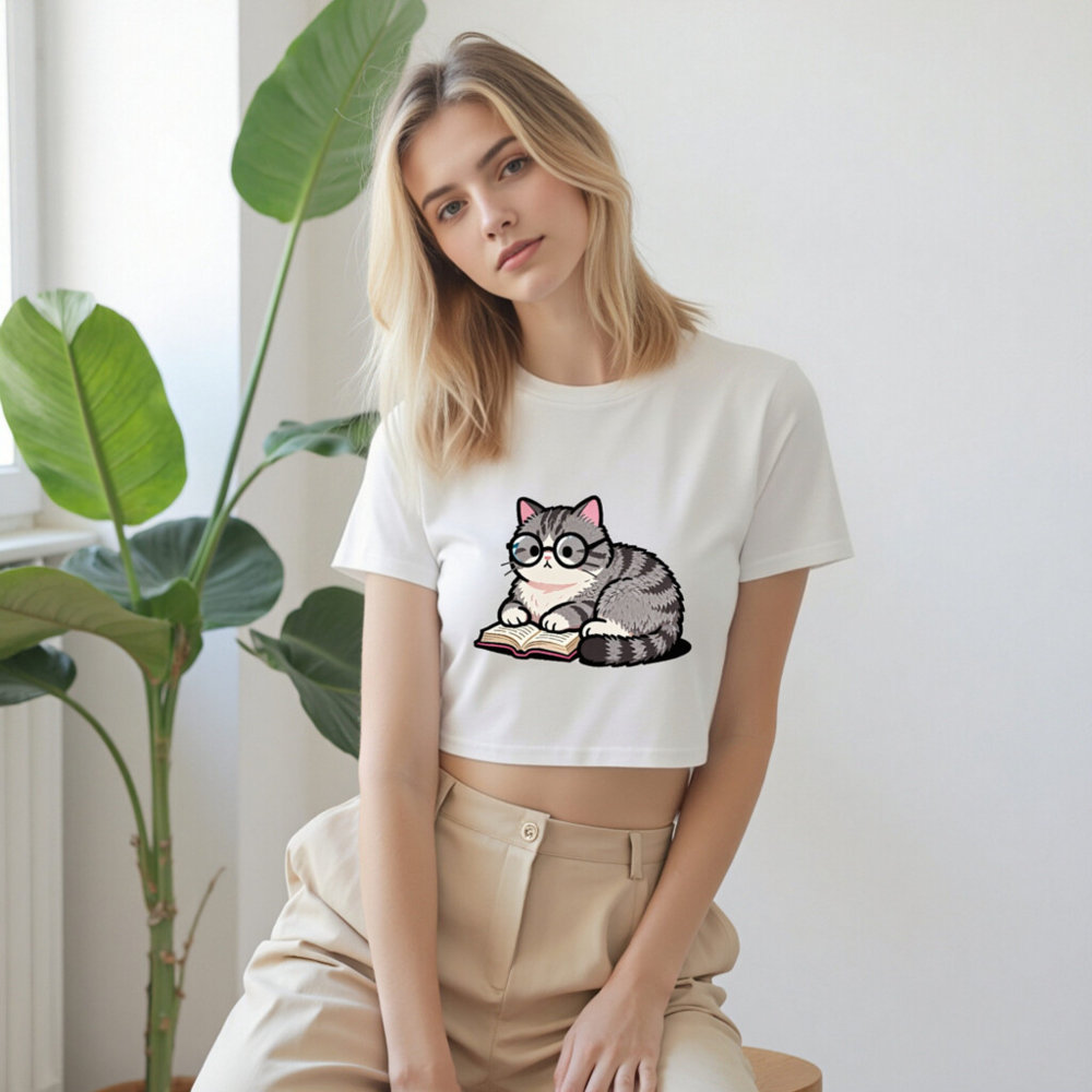 Women's Crop Top with Cute Grey Tabby Cat Reading Book Design - Short Sleeve T-Shirt - Image 8