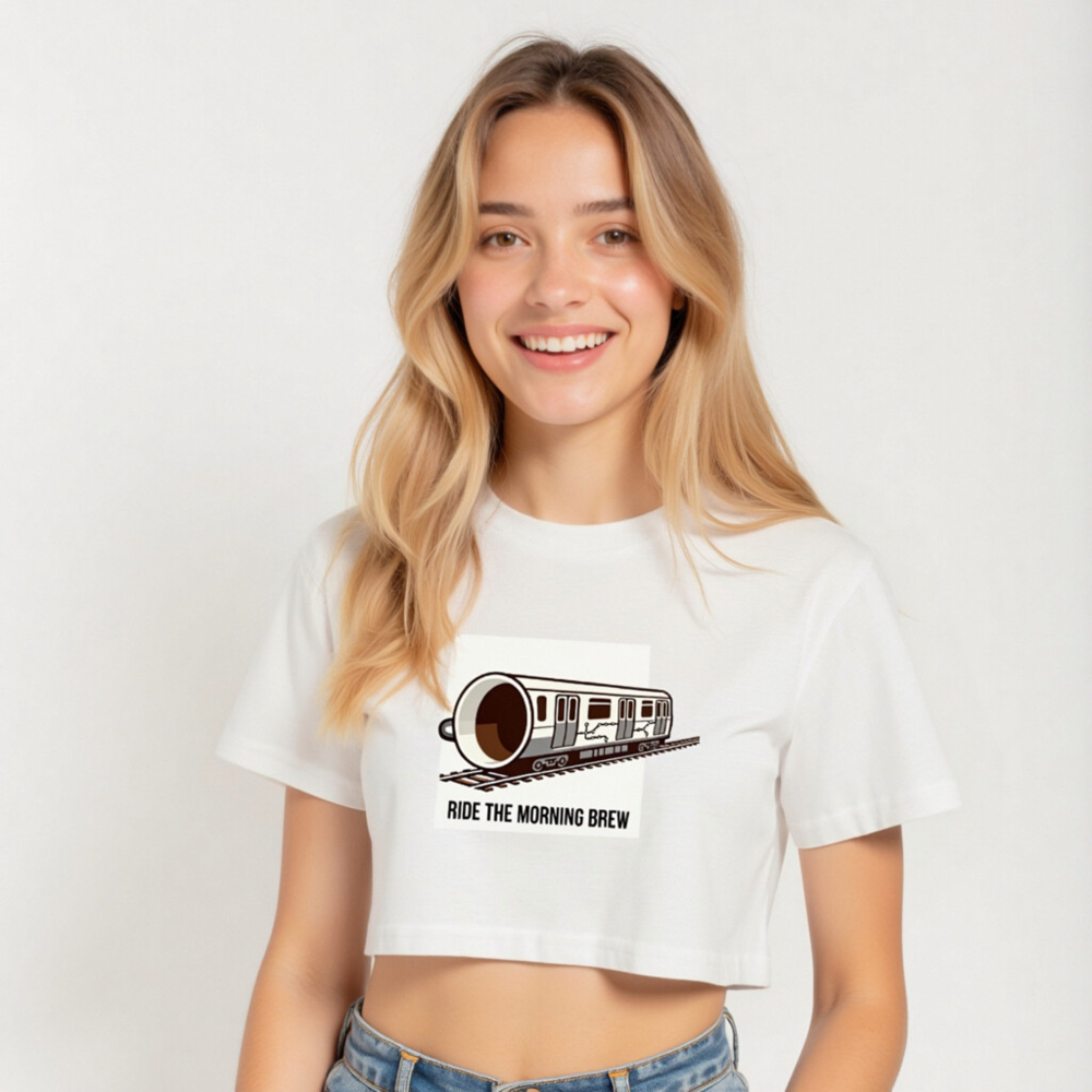 Women's Crop Top - Ride the Morning Brew Coffee Train Design, Short Sleeve - Image 4