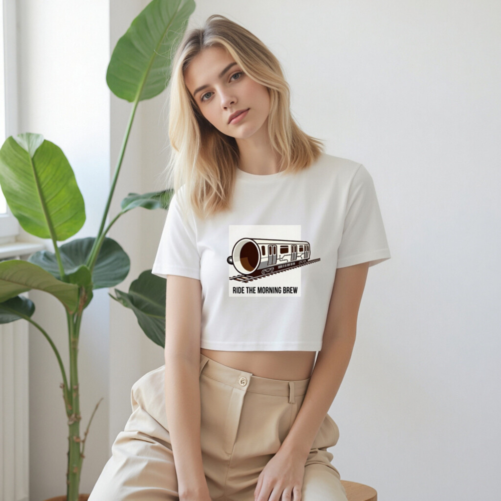 Women's Crop Top - Ride the Morning Brew Coffee Train Design, Short Sleeve - Image 8