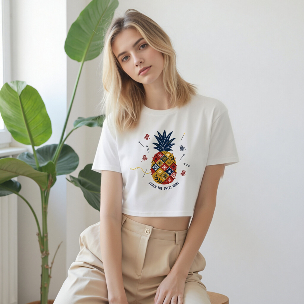 Women's Crop Top - Pineapple Patchwork Design, 'Stitch the Sweet Home' Sewing Theme - Image 8
